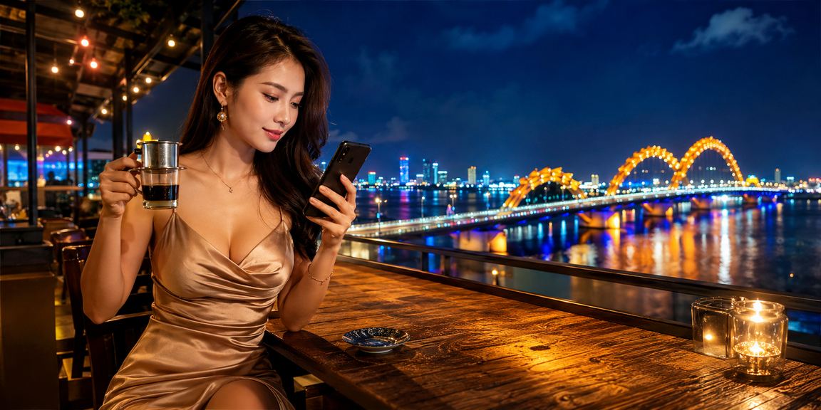 Người dùng Đà Nẵng thưởng thức cà phê sáng và kiểm tra voucher VIP trên điện thoại