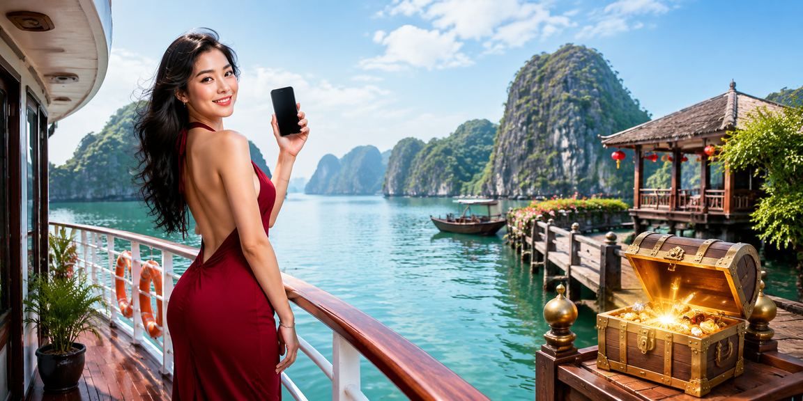 Người dùng tại Hạ Long trải nghiệm xổ số trực tuyến trên thiết bị di động bên vịnh biển